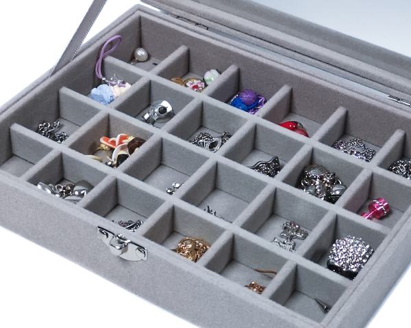 Schmucktablett Schmucklade Schmuckkästchen mit Glasdeckel grau mit 24 Fächer